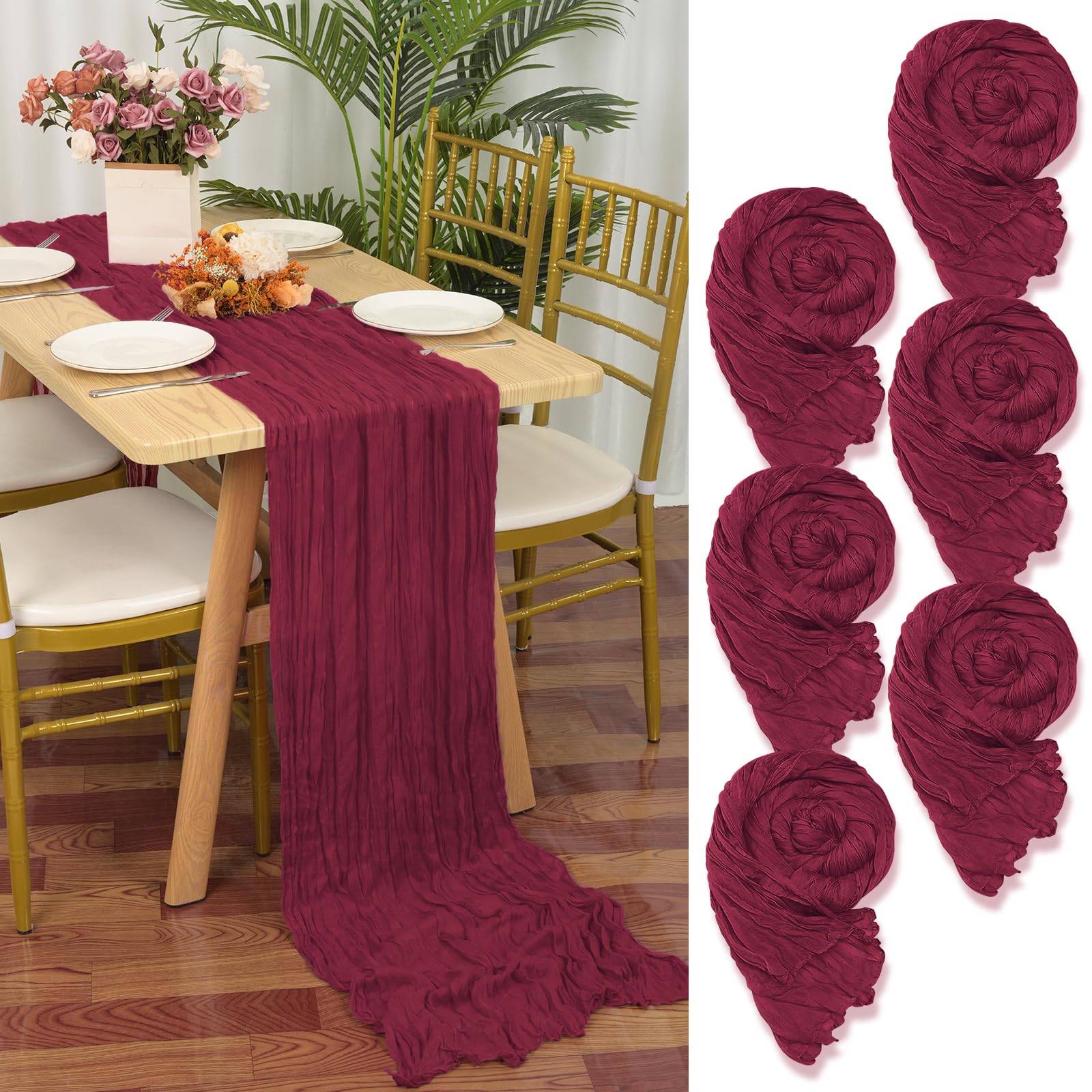 YMHPRIDE 6 Packs Cheesecloth Table Runner Burgundy, 90x300cm Wine Red Rustic Gauze Fabric Boho Table Runner, Cheesecloth Wedding Table Decor for Wedding Party Bridal Shower Table Decorations