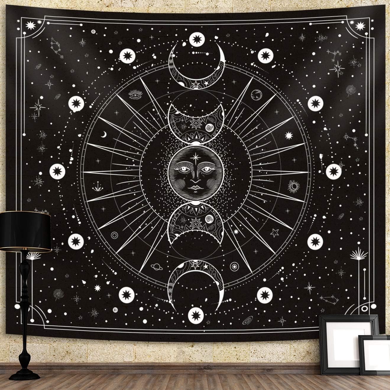 Tapestries - Sun Moon Wall Hanging Stars Space Psychedelic Black and White Tapestry for Bedroom Home Drom Décor (60x80 Inches)