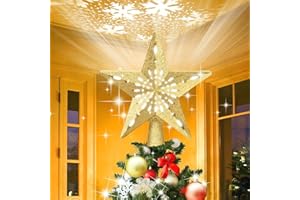 Christmas Tree Topper, AGPTEK Tree Topper with 3D Rotating LED Star Snowflake Projector, Lighted Christmas Tree Topper Gold G