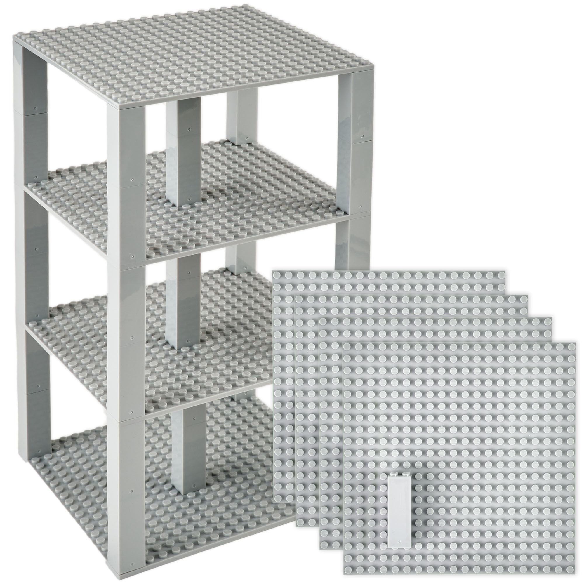 Strictly Briks Light Gray Stackable Base Plates - 4 Pack 15cm X 15cm Baseplates with 30 Light Gray 5x5cm Stackers - Compatible with LEGO Blocks, Compatible with LEGO Base Plates - Tower Construction