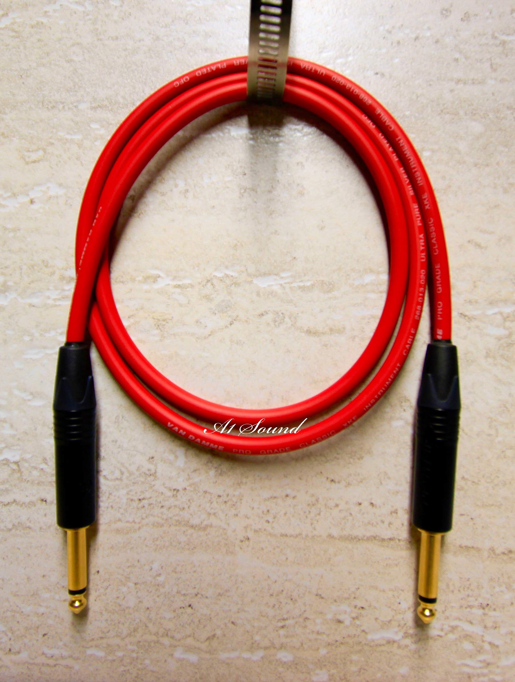 A1 Sound Guitar Intrument Cable, Van Damme Red Ultra 3 Metre Terminated With Neutrik 6.3 mm (1/4") Mono Jack Plugs Gold Plated With Black Covers.