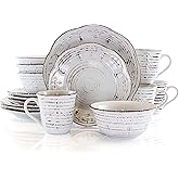 Elama Rustic Birch 16 Piece Embossed Scalloped Stoneware Round Dinnerware Set in White with Brown Accents