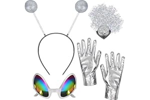 Alaxciax Alien Headband with Glasses, Holographic Glitter Alien Costume Accessories with Gloves for Women for Party Cosplay