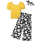 DONWEN Toddler Kids Girl Clothes Square Neck Shirt Top + Stylish Pants + Headband 3pcs Spring Summer Girl Outfits Set
