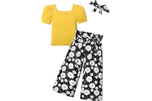 DONWEN Toddler Kids Girl Clothes Square Neck Shirt Top + Stylish Pants + Headband 3pcs Spring Summer Girl Outfits Set