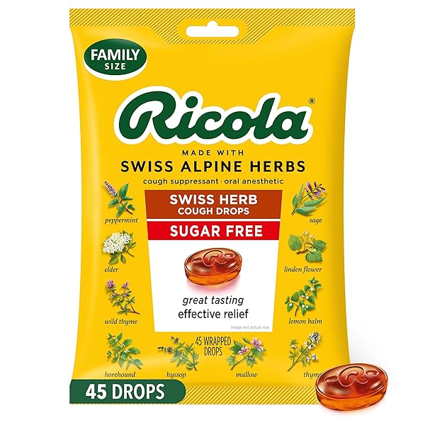 RICOLA SUGAR FREE SWISS HERB COUGH DROPS, 45 COUNT, COUGH SUPPRESSANT & THROAT RELIEVING DROPS WITH NATURALLY SOURCED MENTHOL, PLEASING TASTE FOR COUGHS & THROAT IRRITATION SYMPTOM RELIEF
