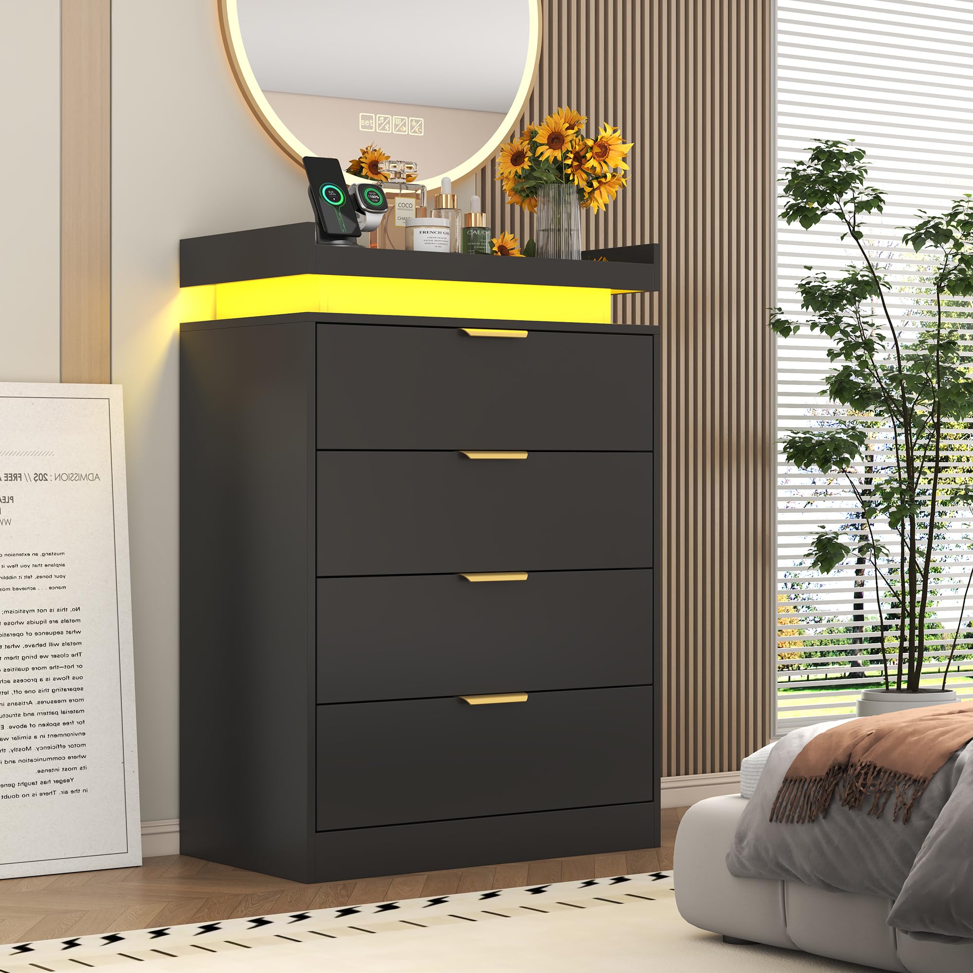 Photo 1 of knoworld Black Dresser with LED Lights, Wooden LED Dresser, 4 Drawer Chest with Charging Station, Tall Chest of Drawer Closet Organizer for Bedroom, Living Room, Entryway, Hallway
