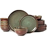 Pokini Stoneware Dinnerware Sets for 6, 18 Pieces Ceramic Plates and Bowls Sets, Chip and Scratch Resistant Dish Set, Dishwasher & Microwave Safe Plate Set, Brown Green