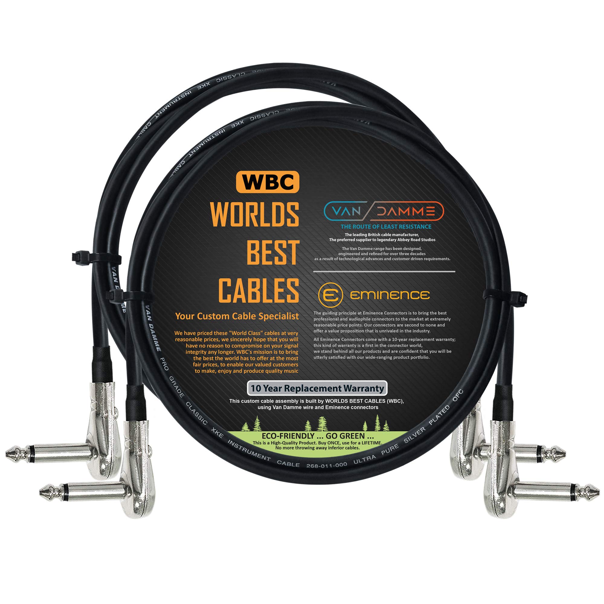 2 Units - Van Damme Pro Grade Classic XKE - 60 cm – Ultra-Flexible Multi-Shielded Guitar Bass Effects Instrument, Pedal Stomp Patch Cable - w/Low-Profile, R/Angled Pancake (6.35mm) TS Connectors
