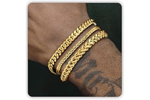 DAYANEY Silver and Gold Bracelet for Men, Cuban Chain Bracelet Set Water Proof Stainless Steel Bracelet for Him, Adjustable Gold Link Men Jewelry as Stocking Stuffers Gifts for Boyfriend, Dad and Son