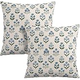 Wnoesat Floral Pillow Covers 18x18 Set of 2 Blue Green Block Print Throw Pillow Cases Vintage Flower Pattern Pillowcases Spring Summer Rustic Outdoor Cushion Covers for Farmhouse Sofa Couch Decor