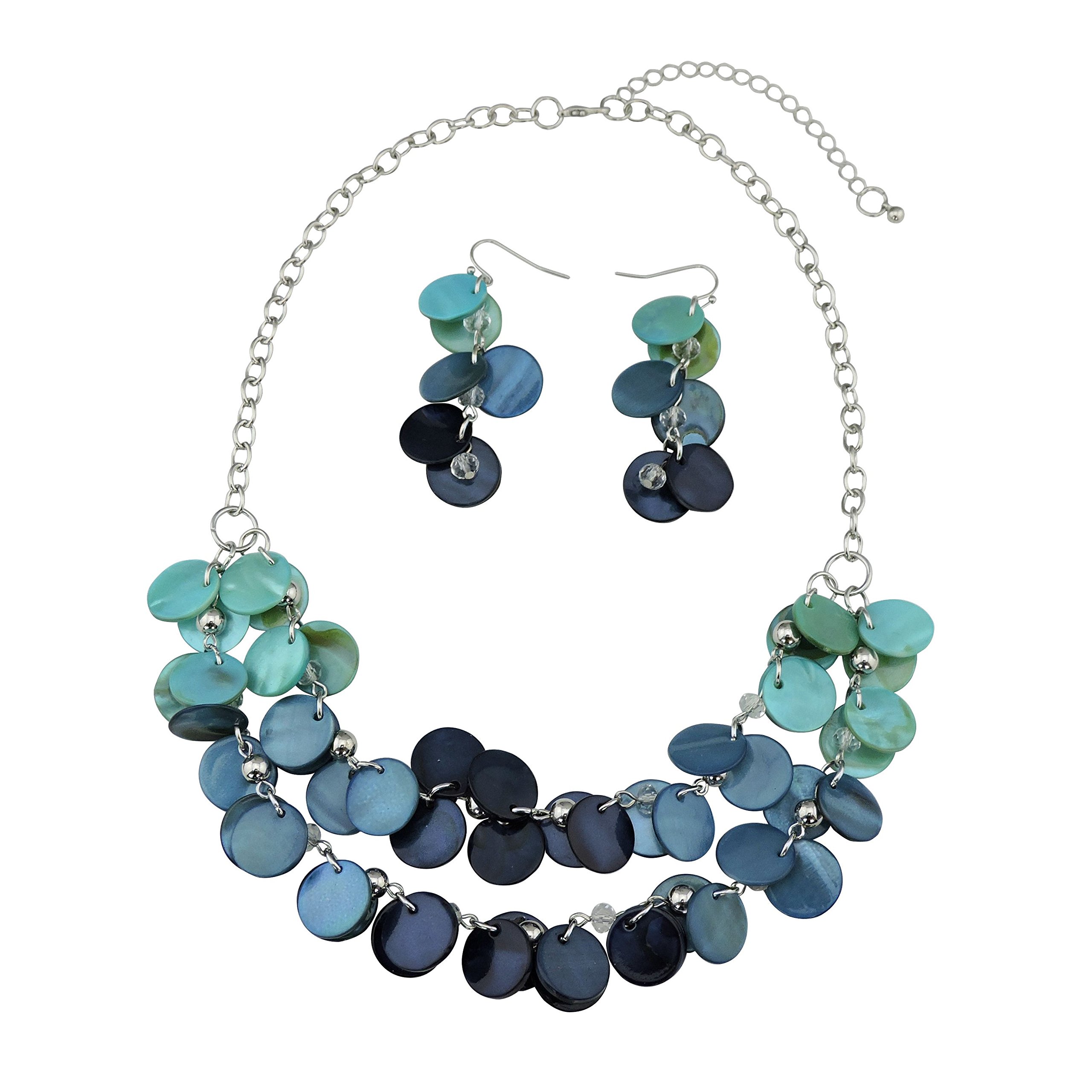 Bocar 2 Layer Statement Choker Shell Necklace and Earring Set for Women Gift (NK-10248-blue)