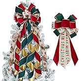 2Pcs Christmas Tree Topper Bow Set, Large & Small Red Green Gold Velvet Ribbon Bows with Streamers (52" & 22"), 12" Bow, Holiday Tree Decorations with Merry Christmas Letter & Star Pattern