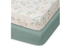 BLISSFUL DIARY Muslin Pack N Play Sheets Fitted for Pack and Play Mattress and Mini Cribs, Muslin Cotton for Natural Comfort Fitted Baby Boys and Girls, Boho Baby Nursery Design, 2 Pack (Roman Green&Botanical Leaf)