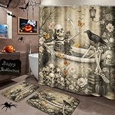 Arttown Bathroom Set, Shower Curtain and Bath Rugs Skull Halloween | Pumpkin Horror Crow Bathroom Accessories Shower Curtain Non-Slip Bath Rug Set,Bathroom Decor Set of 3
