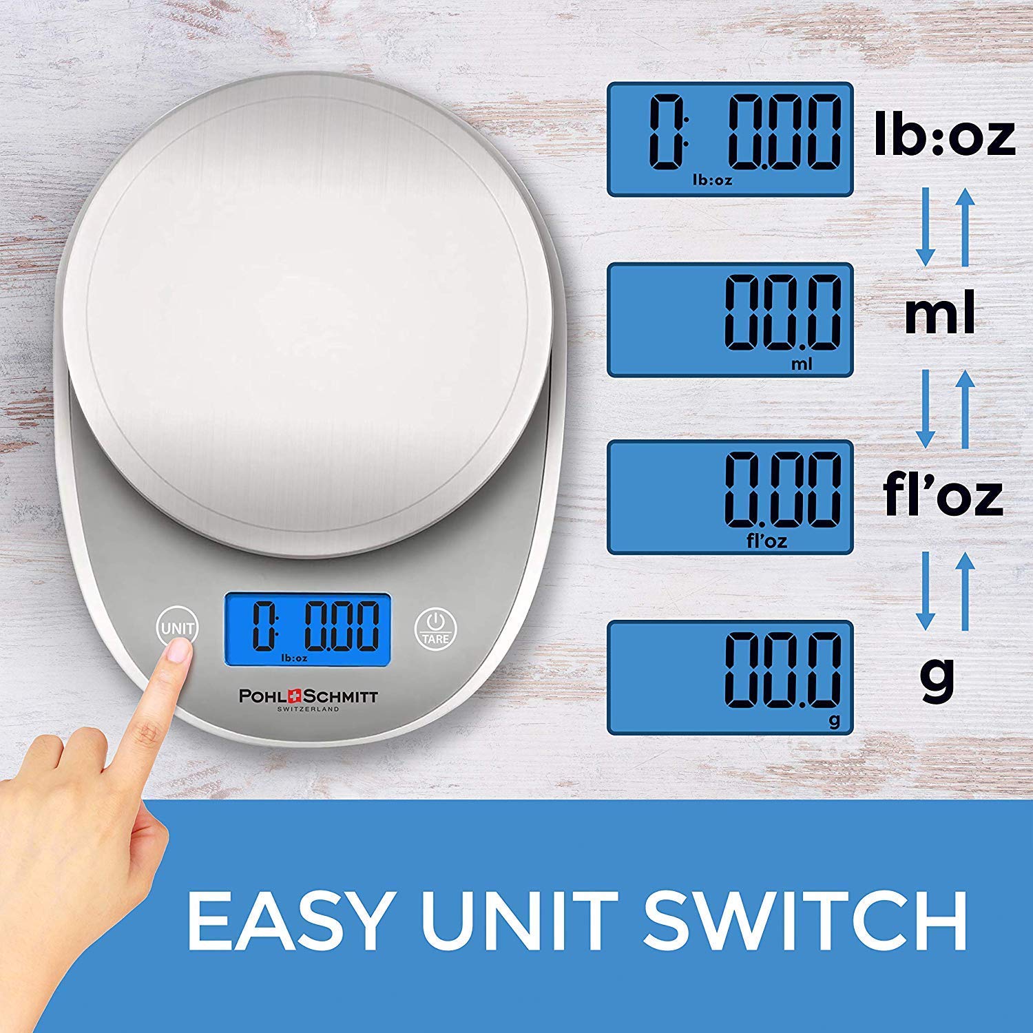 Pohl+Schmitt Digital Food Kitchen Scale, Multifunctional Weight Measuring for Cooking and Baking in Grams/Ounces, Auto Shut-Off, Stainless Steel (Batteries Included) (Silver): Industrial & Scientific