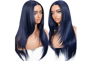 BrownBomb Dark Blue Wear and Go Glueless Wigs Pre Plucked Pre Cut for Beginners Synthetic Lace Front Wig for Woman Long layered Straight Wigs with Bangs 26 Inch 3 Seconds to Wear for Beginners