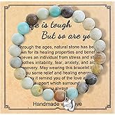 ZLLOO Natural Stone Bracelet for Women Pink Ribbon Awareness Handmade Beaded Encouragement Gift with Message Card