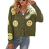 ebossy Womens Ribbed Knit Cardigans Slouchy Cute Smile Graphic Pretty Daisy Button-up Jacquard Knitted Sweater Coat