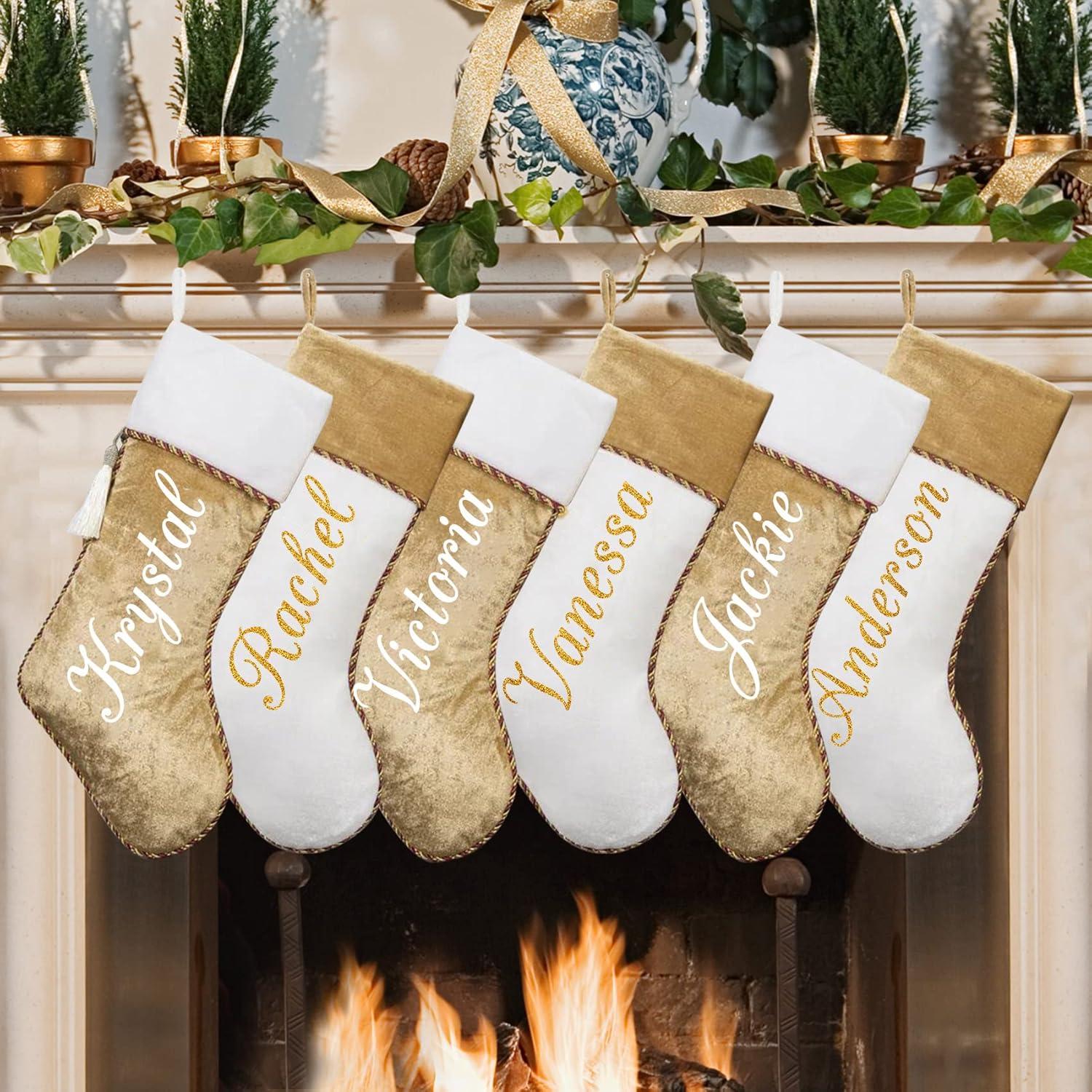 Stockings & Holders - Ugiftcorner Personalized Christmas Stockings 6 Pack Gold and White Christmas Stockings Velvet Stockings with Tassel for Family Kids Large Christmas Stockings Xmas Farmhouse Fireplace Hanging
