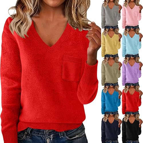 Jumpers for Women UK Winter Warm Knitted Sweater Women Lightweight V Neck Women's Pullover Sweaters with Pockets Soft Comfortable Ladies Cashmere Jumpers Solid Color Long Sleeves Knitwear Red