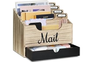 ANRXNCY Desktop Mail Organizer with 4 Large Compartments and Drawer, Wood Mail Holder Sorter Organizer Holder,Countertop Desk Office Accessories Organizer for File Letter Paper Folder, Desk Drawer Organizer
