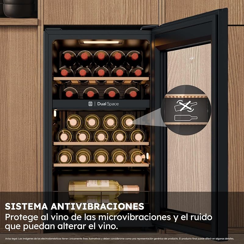 Wine Bank 50 Series 5 HWS32GDG Vinoteca de 32 Botellas, 2 Zonas Independientes, Estantes de Madera, Filtro Anti-UV, Sistema Antivibración, Display Digital, Iluminación LED, 37 dbA, Negra
