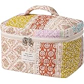 RSRSLEII Large Quilted Makeup Bag for Women and Girls, Cute Coquette Floral Cotton Cosmetic Bag, Aesthetic Travel Organized Toiletry Bags (04Brwon Flower)