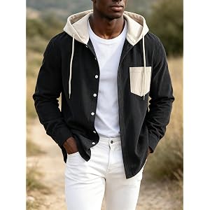 Men's Hooded Corduroy Shirt Jacket, Long Sleeve Patch Pocket Casual Shacket for Fall Winter Street Daily Outdoor Travel