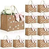 Paterr 12 Pcs Burlap Tote Bag with Handle Coquette Bowknot Daisy Flower Reusable Bag with Pink Ribbon Bow for Party(9x6.3x5.1 Inch,Natural)