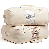 Soft Canvas Storage Bags with Zipper. Thick Breathable, 2pc King/Queen Comforter Organizer. Four Carrying Handles and Window. Large 25x19x9in Bag for Sheets Blankets Bedding Pillows, Clothes