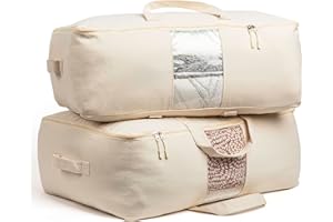 VERAMIA Soft Canvas Storage Bags with Zipper. Thick Breathable, 2pc King/Queen Comforter Organizer. Four Carrying Handles and Window. Large 25x19x9in Bag for Sheets Blankets Bedding Pillows, Clothes