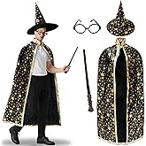 iGeeKid 4 Pack Halloween Wizard Costume Set for Adults, Include Witch Cloak, Wizard Hat, Wand and Round Glasses for Men Women