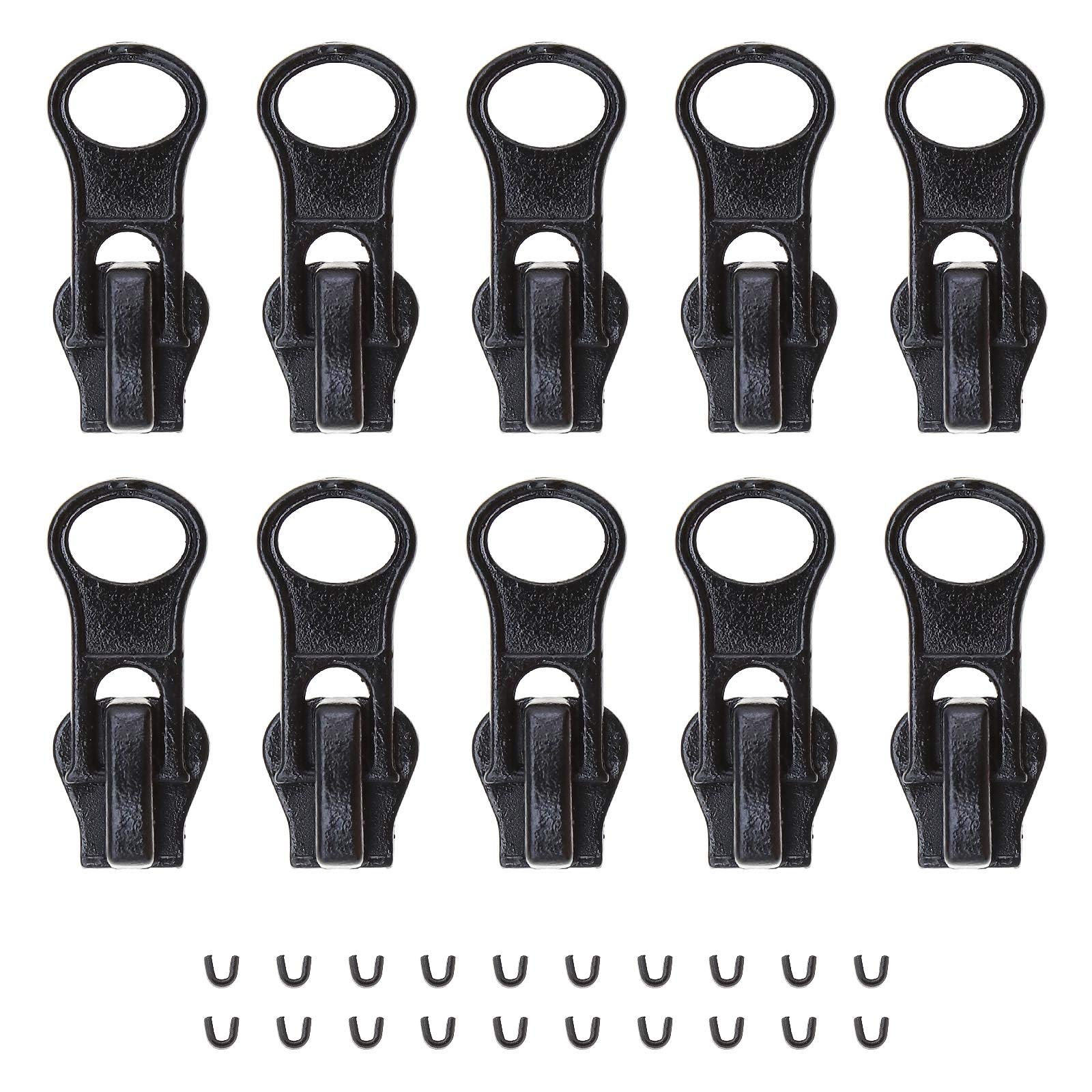 OTOTEC 10Pcs Black 5# Zippers Pulls Sliders with U-shape Stop Zips Repair Replacement Kit for Coats Jeans Jackets Pants Backpacks 25x11mm
