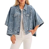 Tankaneo Womens Jean Jacket Oversized Cropped Short Sleeve Cotton Denim Jacket Fall Trendy Cape Outerwear with Pockets