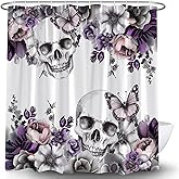 JWJAMM Skull Flower Gothic Shower Curtain Gothic Halloween Purple Floral Butterfly Sugar Skeleton Dark Spooky Scary Retro Goth Retro Bath Curtain with Hook,70x70 Inch