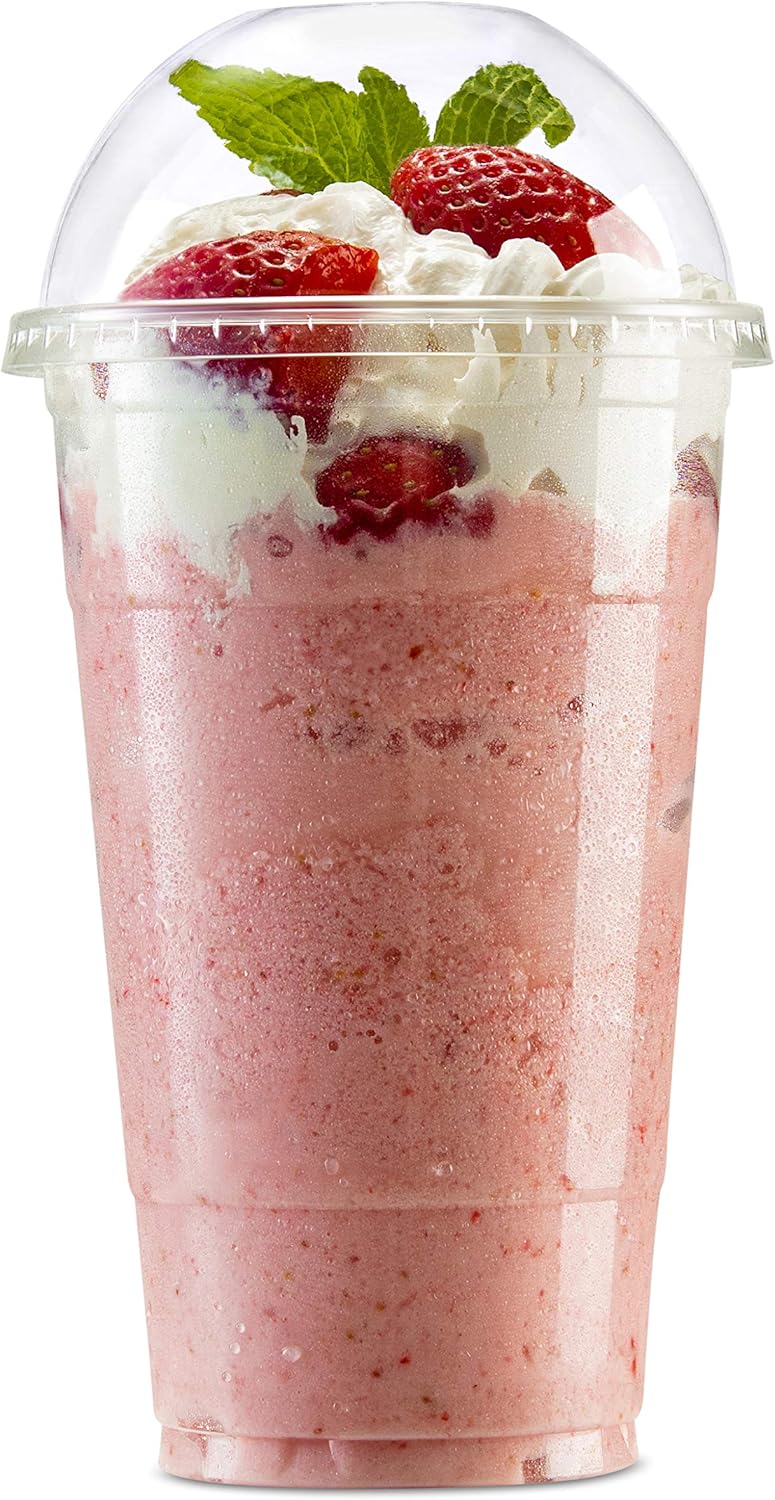 Disposable Plastic Cups with Lids by Green Direct - 20 oz. Party Cup with Dome lids for Cold Drinks - Bubble Boba - Iced Coffee - Tea - Smoothie Pack of 100