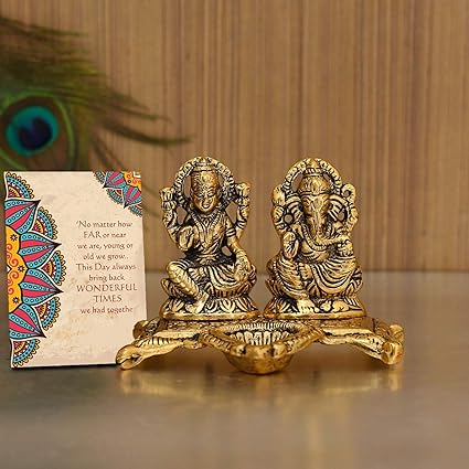 Gifts for Sister - Laxmi Ganesh Idol Showpiece Oil Lamp Diya for Puja, Greeting Card Diwali Gifts for Family Friends Corporate Clients Brother Sister