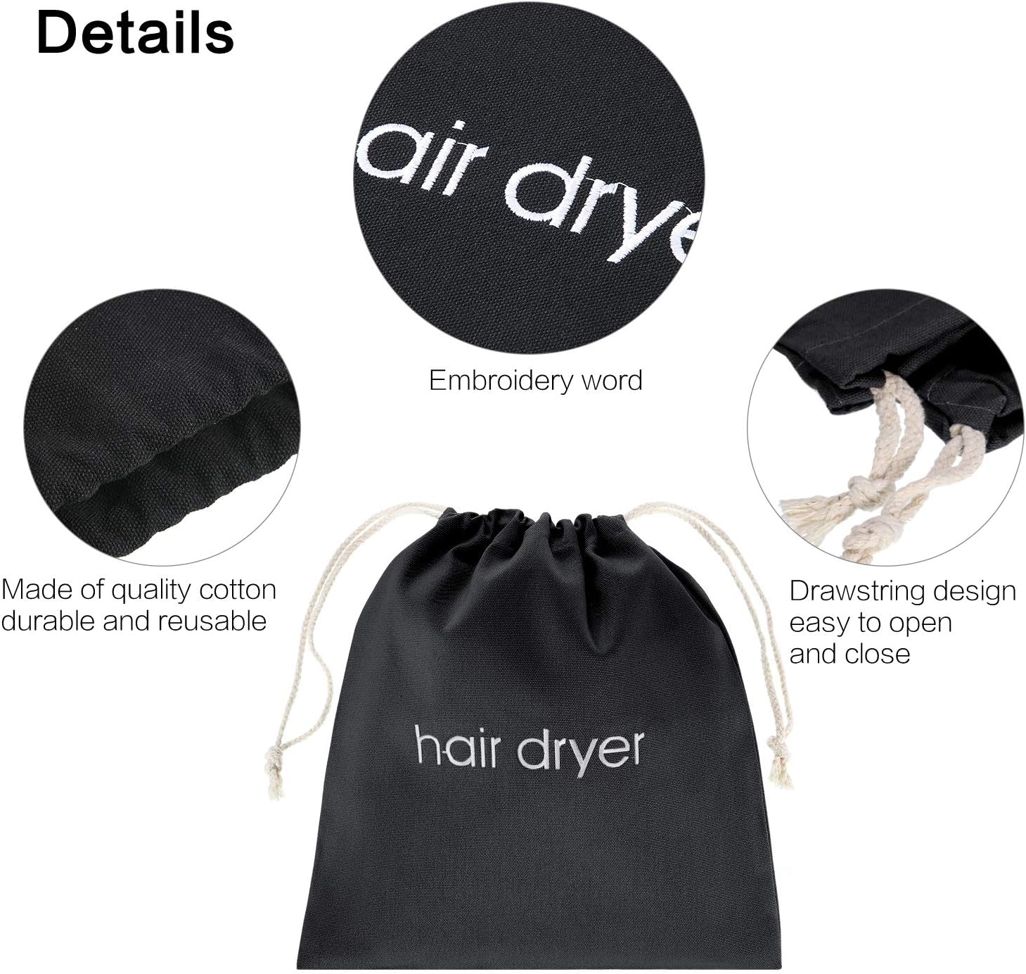 Hair Dryer Bags Drawstring Bag Container Hairdryer Bag, 11.8 by 13.8 Inch (Cotton, Beige), Black - Image 4