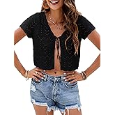LANYO LILI Women's Summer Short Sleeve Crochet Shrug Tie Front Open Knit Cropped Cardigan Lightweight Bolero Sweater Cover Up