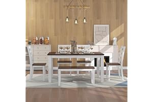 LUMISOL Solid Wood 6 Piece Dining Room Table Set with Bench and Chairs Farmhouse Rustic Kitchen Table Set for 6, Walnut Cottage White