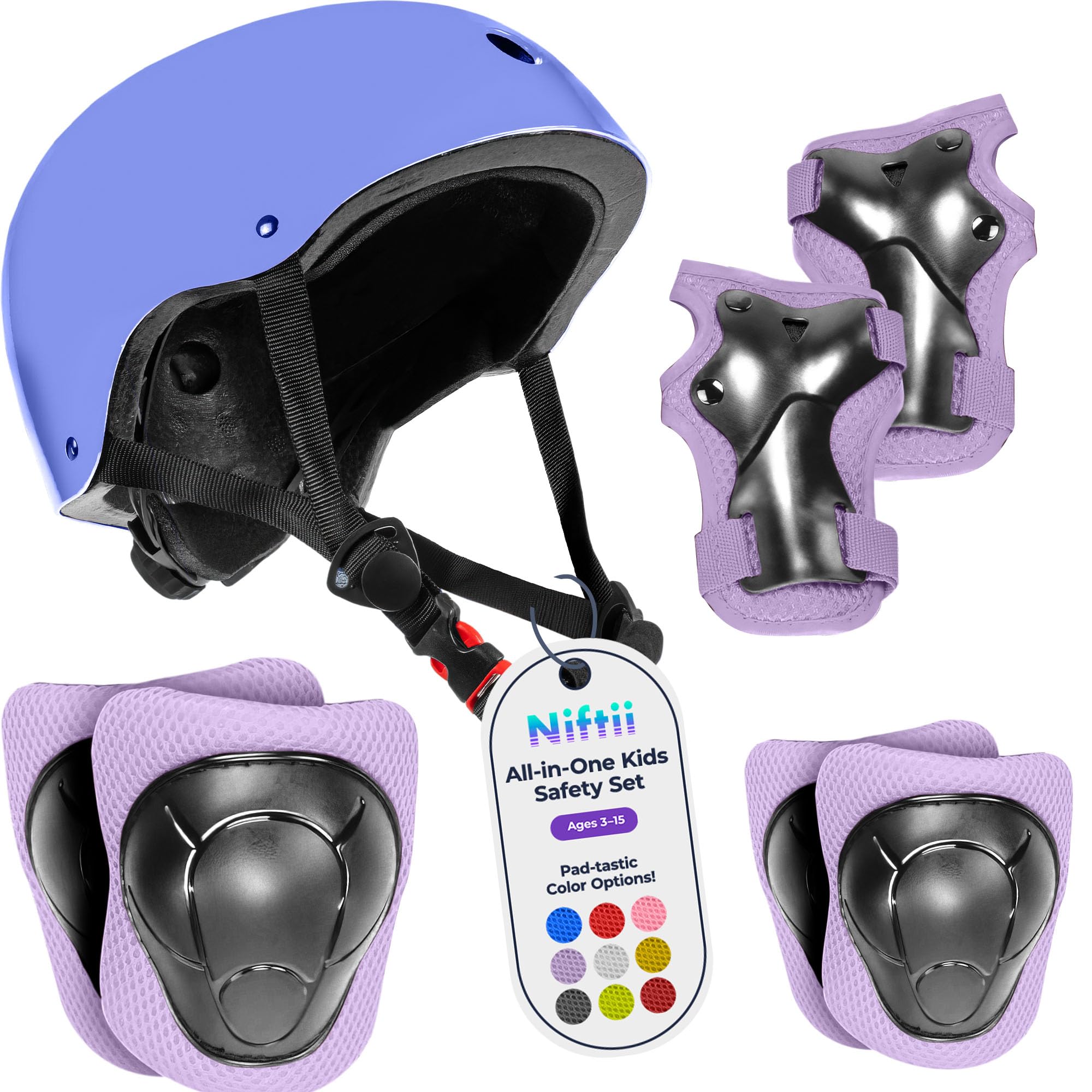 Niftii Kids Helmet with Pads - Adjustable Multi-Sport Complete Safety Gear for Cycling, Skateboarding & Scooting, Ideal for Boys & Girls Ages 3-15 Kids Bike Helmet Set, Purple