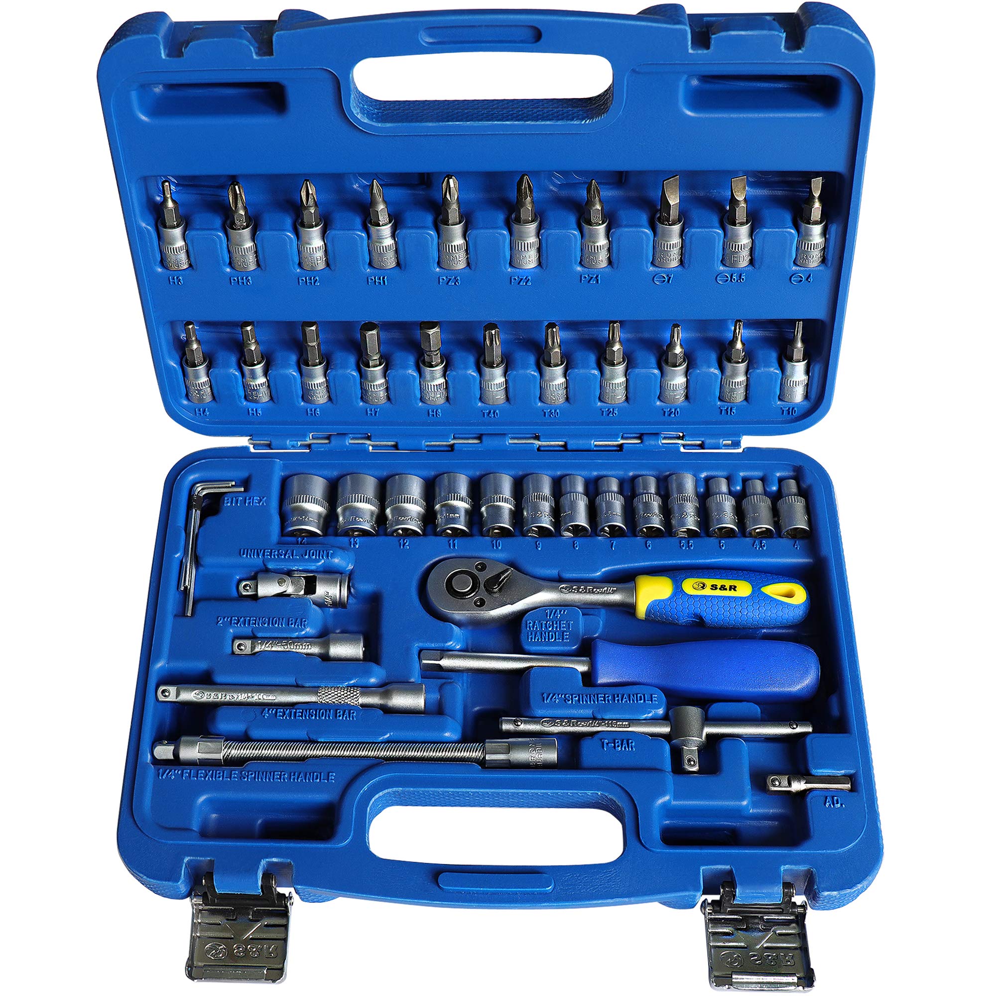 S&R Socket Wrench Set with Box, 46 Pieces, Lock Drive Profile - 1/4 Tool Set Tool Box in Metal Box Industrial Grade Ratchet 1/4 Inch