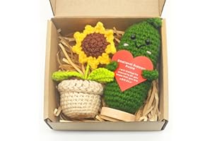 MEGANJDESIGNS Emotional Support Pickle Funny Gifts, 2Pcs Positive Sunflower Pot Desk Decoration Crochet Birthday Gifts for Women Mom Best Friend (Cute Pickle & Sunflower)