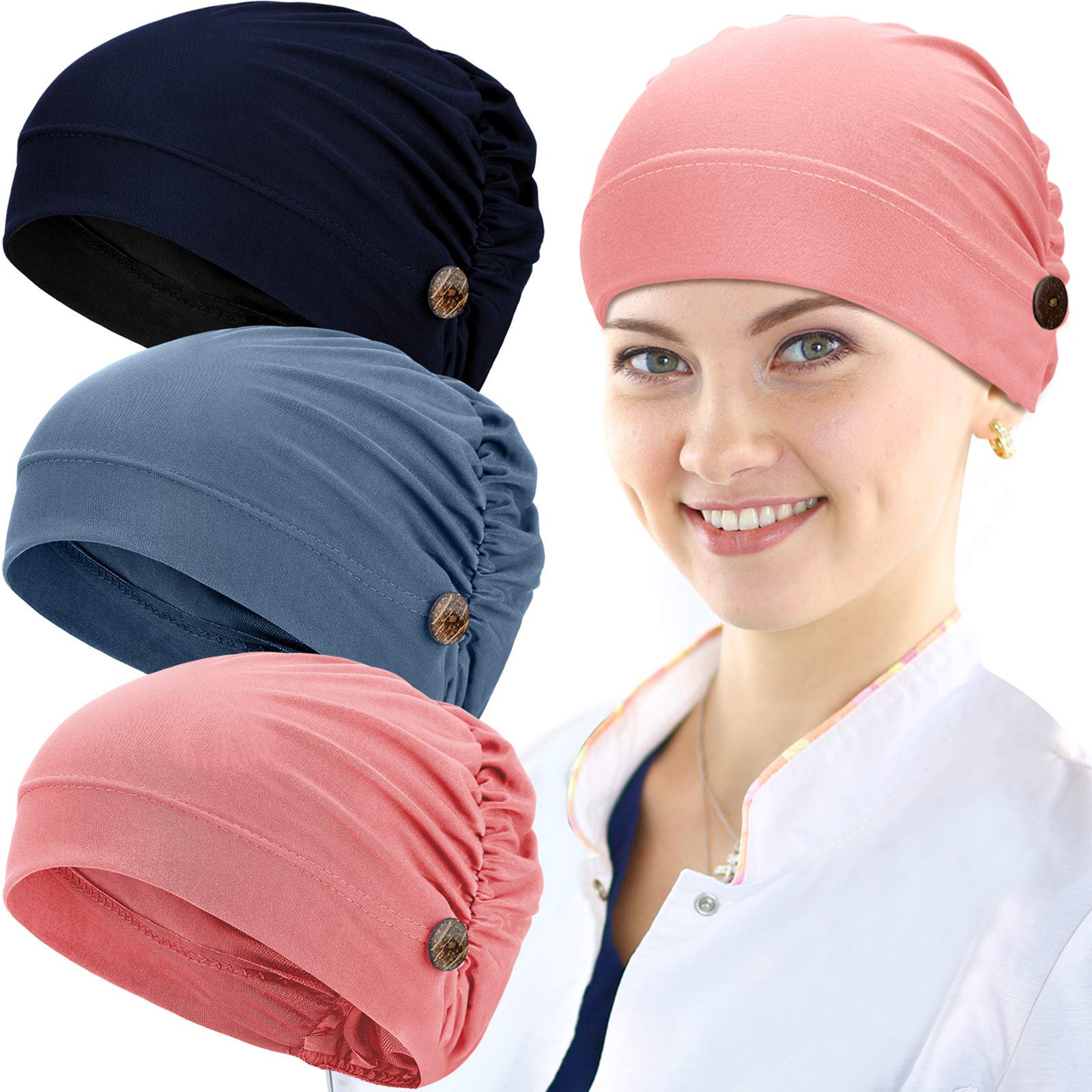 Photo 1 of Geyoga 3 Pieces Bouffant Caps with Buttons Unisex Stretchy Headband Turban with Buttons for Women