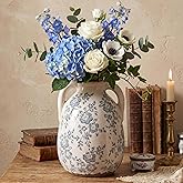 Ronasip Vintage Chinoiserie Blue and White Ceramic Vases Decor 7” Retro Ice Crackle Hand-Painted Peony Ceramic Pitcher Antique Style Home Decor (7.5 Inch Blue and White)