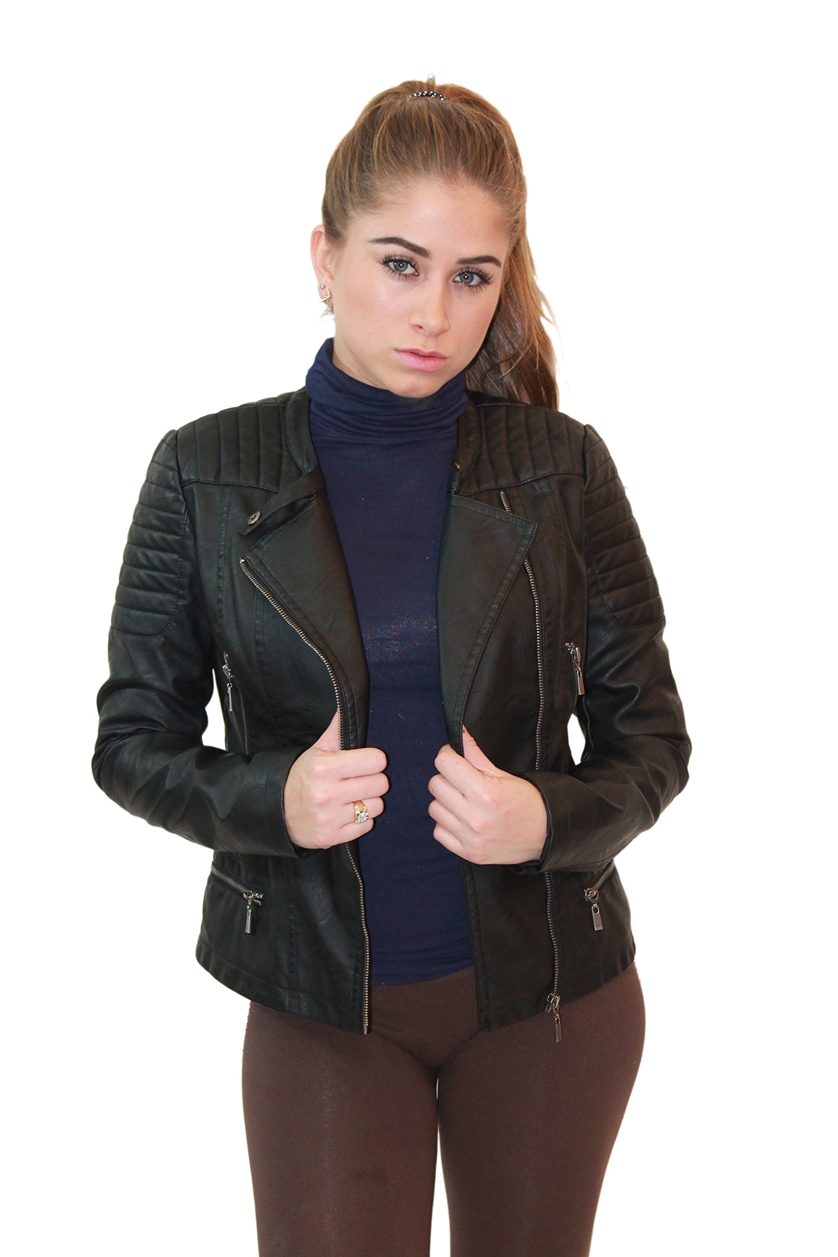 OliviaMillerWomensFauxLeatherMotoBikerJacketwithPockets
