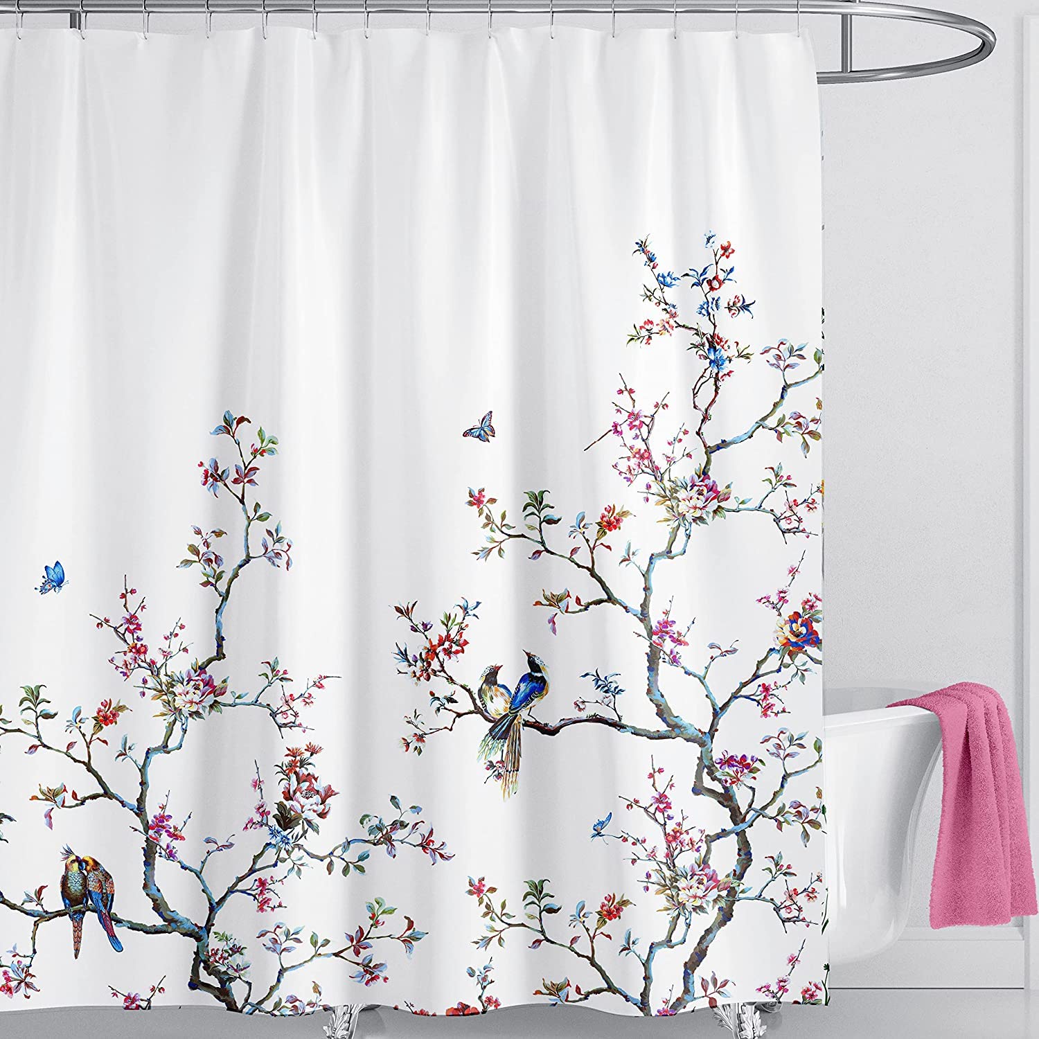 LIVETTY White Bird Extra Long Shower Curtain 180cm × 200cm Drop Floral Butterfly Fabric Bathroom Mould Proof Spring Washable Shower Curtain With 12 Hooks