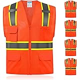 SHORFUNE 5 Pack High Visibility Safety Vest with 10 Pockets, Mic Tabs, Zipper and Reflective Strips, Reflective Construction 