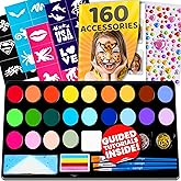 28 Color Face Painting Kit for Kids - Blue Squid Face Paint Kit Palette with 160pc accessories Stencils, Water Activated Non 
